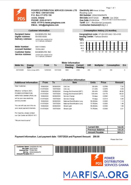 Printable Ghana PDS electricity business utility bill template in Word and PDF formats